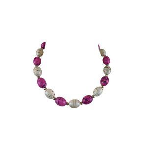 Vintage Pink & Cream Chunky Beaded Necklace Gold Accents Swirls